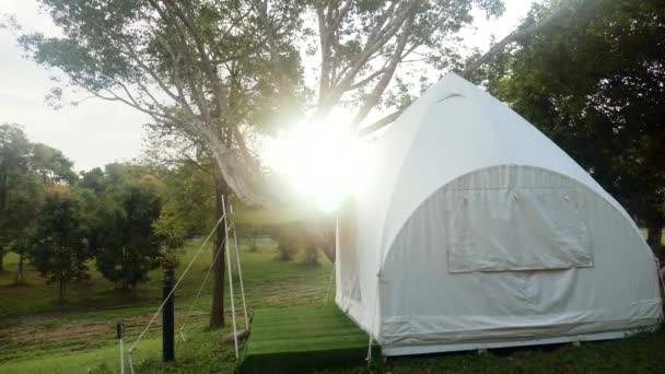 Táboření nebo glamping v lese v turistickém táboře. Aktivní cestovní životní styl — Stock video