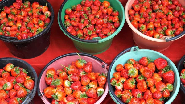 Emmers vol verse, rijpe, rode aardbeien op de lokale markt. Gezond eten — Stockfoto