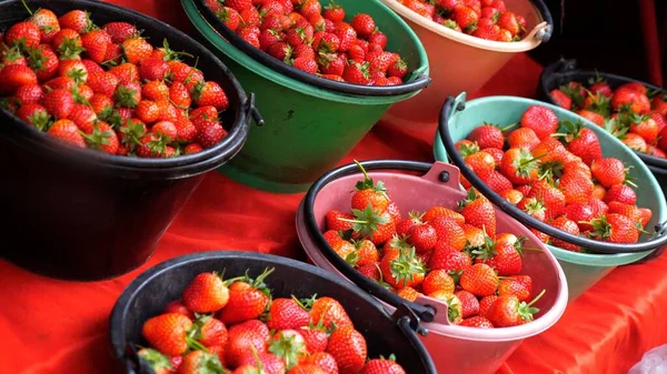 带有红色成熟草莓的篮子，在室外市场上出售。草莓季节 — 图库照片