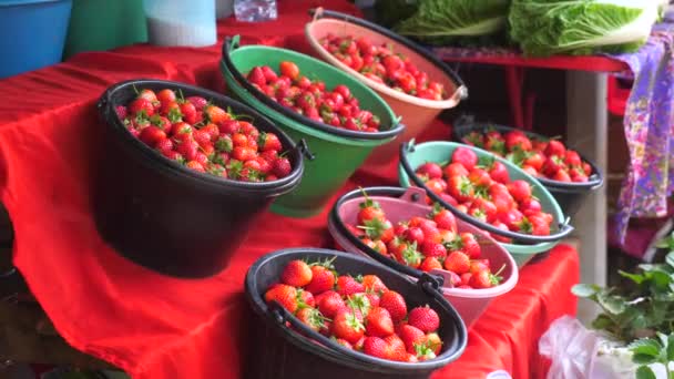 Emmers vol aardbeien op de boerenmarkt. Rode, rijpe, biologische aardbeien — Stockvideo