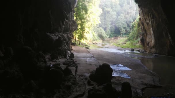Жінка-мандрівник насолоджується захоплюючою високою печерою, піднятою руками вгору — стокове відео