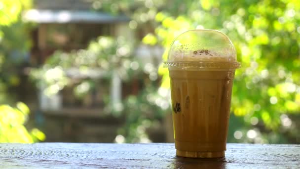 Tazza Plastica Con Cappuccino Freddo Piedi Tavolo Legno Con Verde — Video Stock