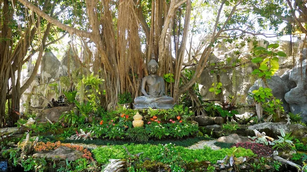 Estátua de Buda entre árvores tropicais e banyan árvore no território do Templo Branco — Fotografia de Stock