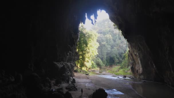 Oigenkännlig kvinnlig silhuett utforskar en enorm kalkstensgrotta med stalaktiter — Stockvideo
