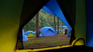 Çadırın içinden kamp alanına, ağaçlı ve gölü olan bir çam ormanına bakın.