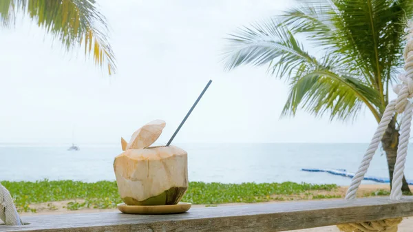 Verse kokosnoot met papieren rietje op houten schommel met zee en palmbomen — Stockfoto