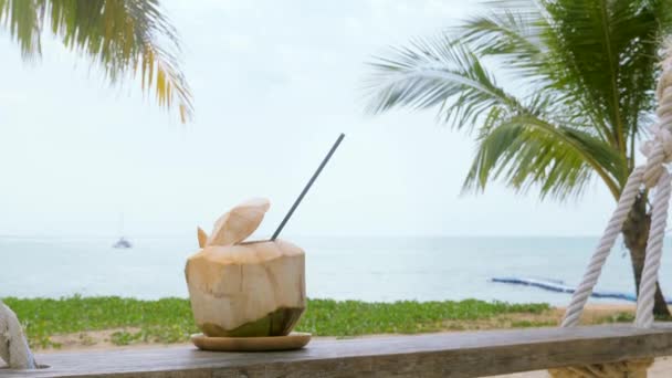 Свежий кокос с бумажной соломой, стоящий на деревянных качелях с морем и пальмами — стоковое видео
