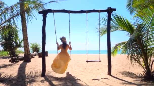Back view of travel woman in hat sitting on swing on the beach with palm trees — ストック動画