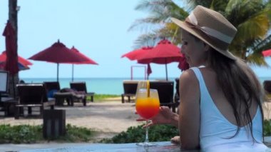 Havuz başında tropikal buzlu kokteyl içen şapkalı bir kadın. Dişi gezginin arkası modern sahil beldesinde tatilin tadını çıkarın.