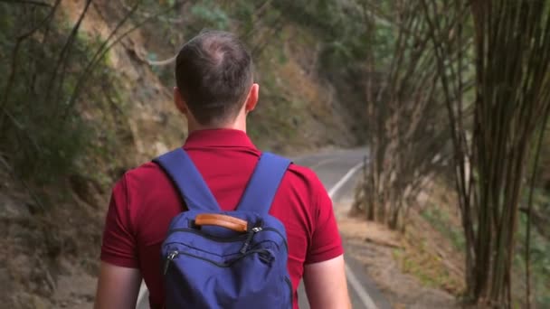 緑の木々や竹の茂みの間の道路を歩いてバックパッカーの男のバックビュー 男の旅行者のショットの後 国立公園の道路に降りてくる スローモーション — ストック動画