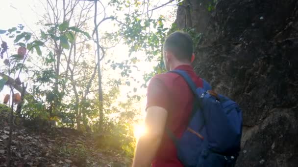 Gratis Wandelaar Met Rugzak Berghelling Kijkend Naar Zon Genieten Van — Stockvideo