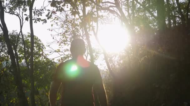 Joven Senderismo Sendero Forestal Llegando Cima Mochilero Macho Caminando Por — Vídeo de stock