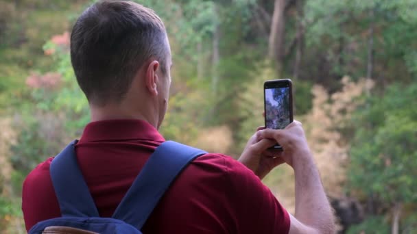 Senderista Bloguero Vlogger Hombre Bosques Disparando Bosque Hombre Viajero Videógrafo — Vídeo de stock
