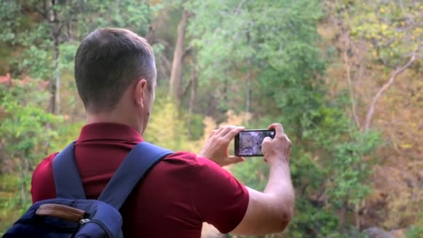 森の中でハイカーブロガーやVlogger男撮影森の中 バックパック付き男性旅行ビデオカメラマン 自然の中に立って スマートフォンのカメラでビデオを撮影 バックビュー — ストック動画