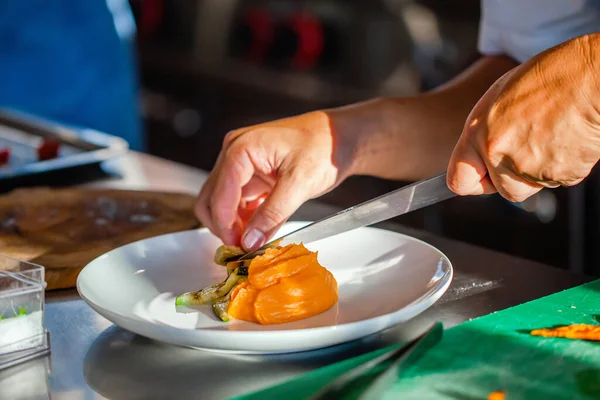 Close up of chef hands in hotel or restaurant kitchen decorating dish. Preparing beef steak with mashed potato, adding vegetables, decorate dish with special tweezers. Chef hands cooking meat steak