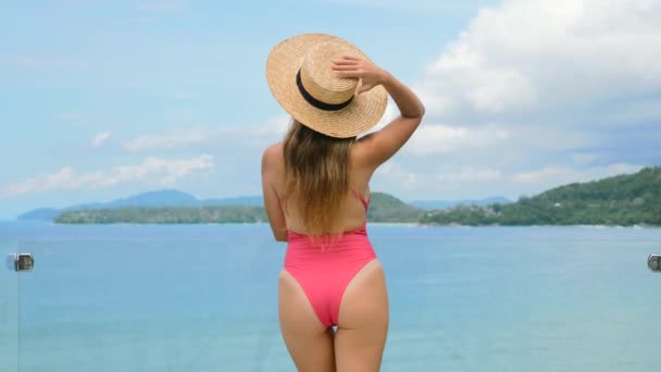 Touristinnen Braun Gebrannt Sexy Rückansicht Rücken Der Schönen Frau Rosa — Stockvideo
