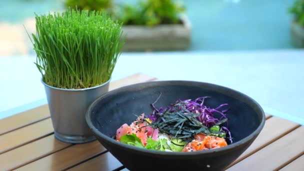 Colorida Variada Comida Típica Japonesa Tazón Poke Con Salmón Comida — Vídeos de Stock