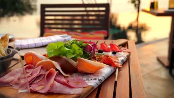 Luxury Dinner Served Table Cold Cuts Snacks Fine Dining Food — Stock Video