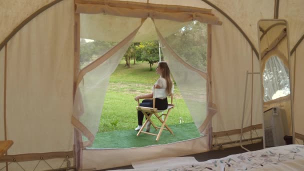 View Modern Canvas Tent Travel Woman Sitting Folding Chair Modern — Stock Video