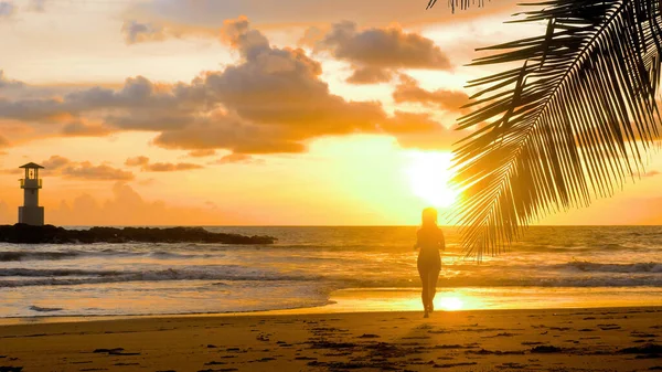 Young Woman Silhouette Running Barefoot Sandy Beach Ocean Sunset Sun — Stock Photo, Image