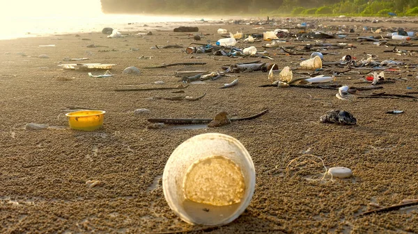 Plastic pollution of sea shore. Polluted ocean beaches with plastic waste, garbage with ocean on background. Ecological catastrophe on beach. Plastic bottles, cups, different kinds of debris.