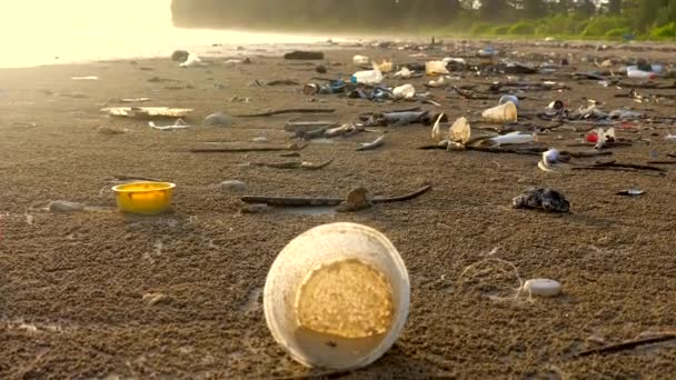 海の海岸のプラスチック汚染 プラスチックごみと汚染された海のビーチ 背景に海とゴミ ビーチで生態系の大惨事 プラスチックボトル カップ さまざまな種類の破片 — ストック動画