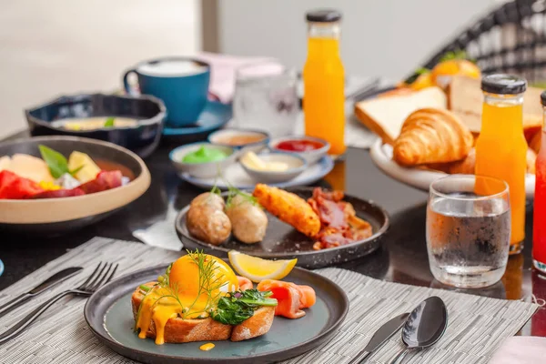 Delicious Breakfast Luxury Hotel Table Plates Full Various Fresh Food — Stock Photo, Image