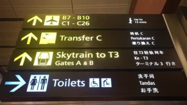 Havaalanındaki farklı kapılar için rehber levhası. Tatil gezisine çıkan turistlerin yolunu gösteren ışıklı tabelalar ve oklarla havalimanı görüntüsü. Tatil kavramı. Uçbirim.