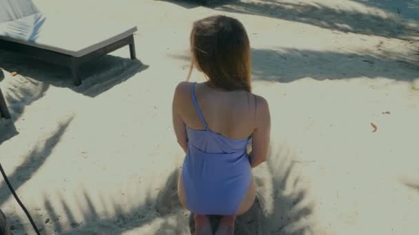 Back View Beautiful Young Slim Woman Swimsuit Sitting Knees White — Stok video