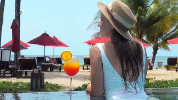 Attractive Young Tourist Woman Drinking Refreshment Cocktail Swimming Pool Enjoy — Stock videók