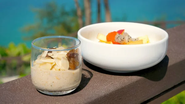 Healthy Tropical Breakfast Oatmeal Exotic Fruits Vacation Thailand Modern Resort — Stock Photo, Image