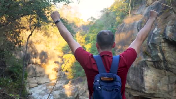 Happy Traveler Backpack Celebrating Reach Mountain Top Young Man Travel — Video