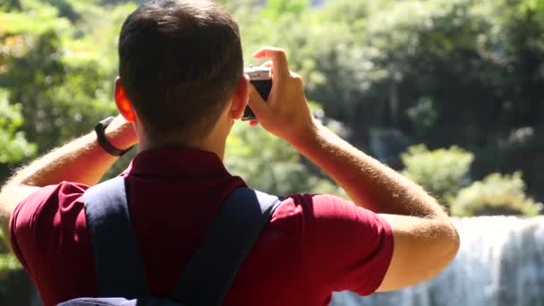 Wanderlust Tourism Concept Happy Male Tourist Backpack Travel Young Man — Stockvideo