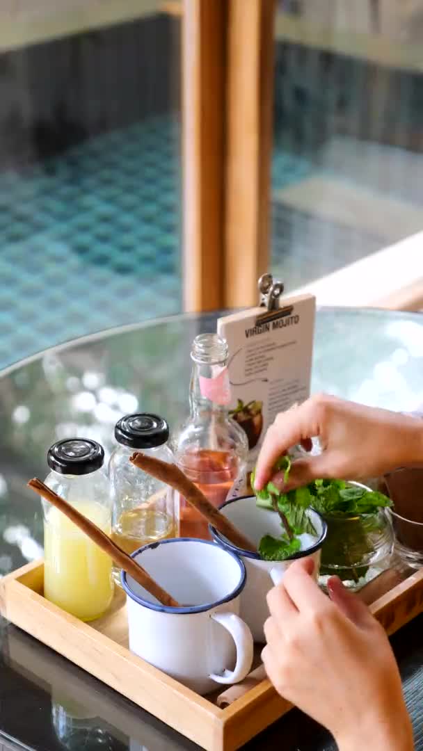 Handmade Refreshing Mojito Cocktail Cup Woman Making Refreshing Soft Drink — Vídeos de Stock