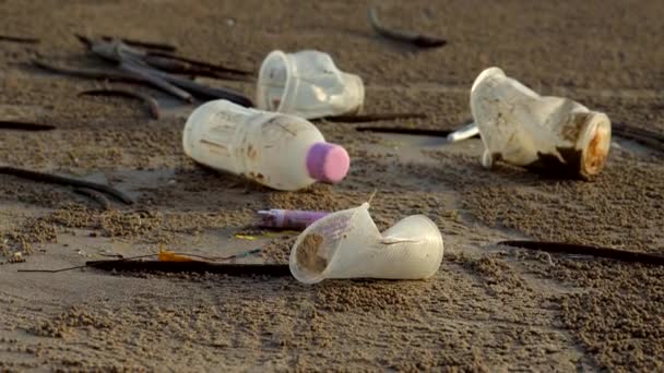 Empty Used Dirty Plastic Bottles Cups Trash Lying Sea Beach — Video Stock