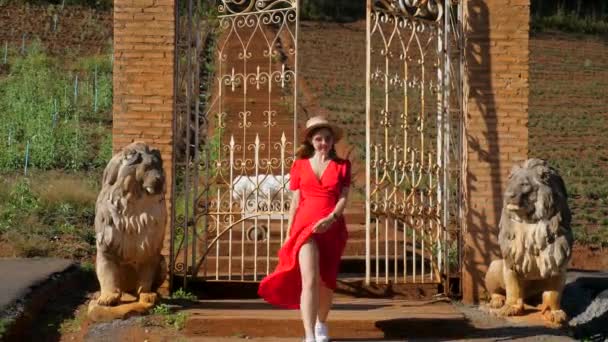 美しい門とライオンの彫刻とヨーロッパスタイルの公園で旅行白人女性のスローモーション映像 ファッションとスタイルのコンセプト — ストック動画