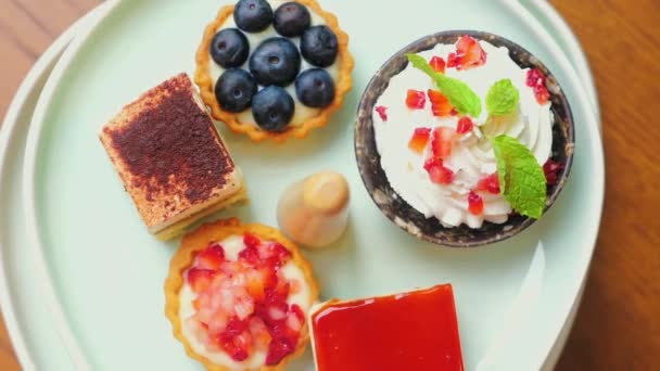 Eating Sweet Food Delicious Cakes Plate Chocolate Cake Cupcakes Strawberry — Stock Video