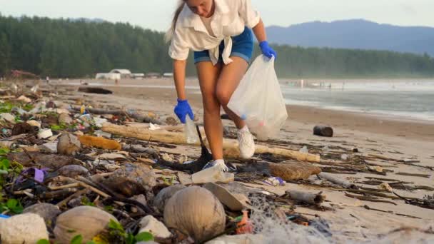 Plastic Ocean Pollution Woman Gloves Walking Sea Beach Picks Empty — Stock Video