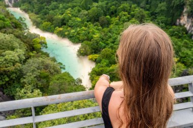 Sahile bakan, mavi su gölü, orman ve kayaları olan bir kadın. Egzotik adaya seyahat eden bir kadın yolcu. Tayland, Hong Adası 'na tekne gezisi. Asya turizmi, tatil, tatil. Arka plan.