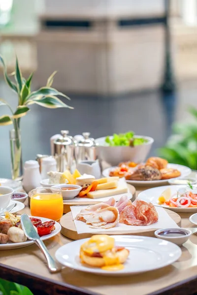 Brunch Lunch Luxury Restaurant Table Full Delicious Food Cheese Salmon — Stock Photo, Image