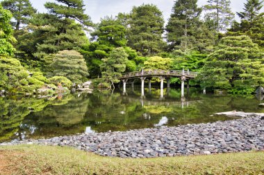 The garden pond and the bridge inside Kyoto Imperial Palace.  Kyoto Japan