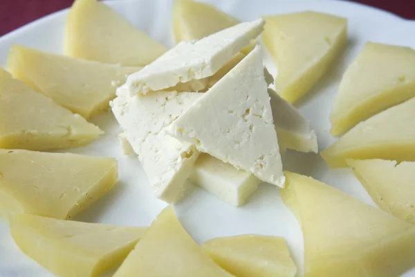 Slices of cottage and aged cheese — Stock Photo, Image