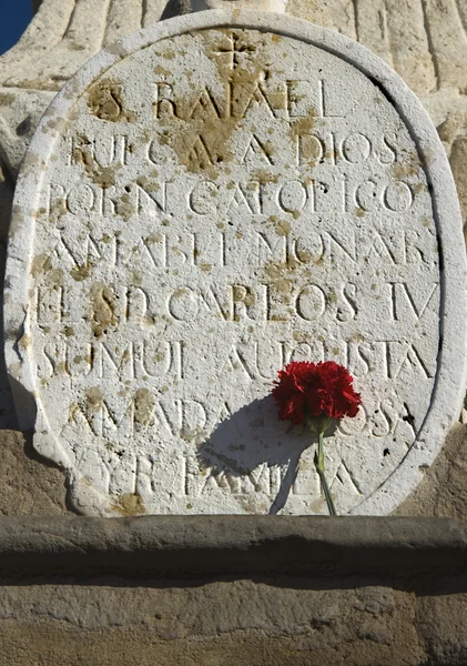 Stone memorial plaque with carnation — Stock Photo, Image