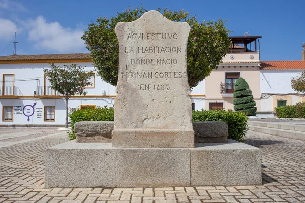 Medellin Spain April 3Rd 2021 Memorial Stone Pointing Hernan Cortes — Stock Photo, Image