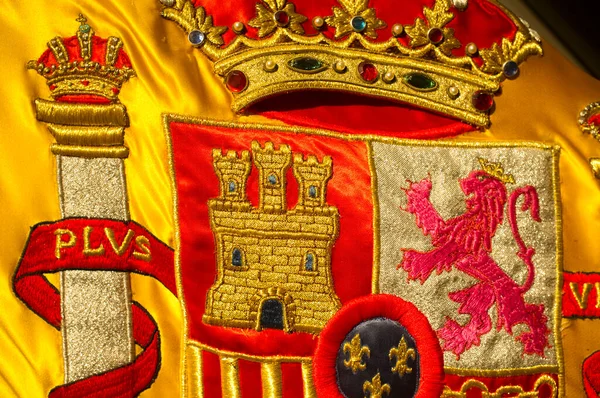 Coat Arms Spain Nation Richly Embroidered Its Flag Closeup — Stock Photo, Image