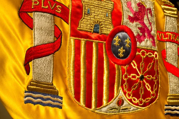 Coat Arms Spain Nation Richly Embroidered Its Flag Closeup — Stock Photo, Image