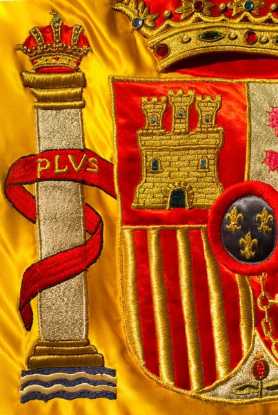 Coat Arms Spain Nation Richly Embroidered Its Flag Closeup — Stock Photo, Image