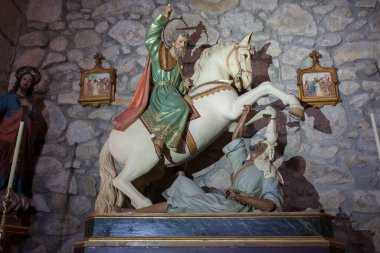 Cabezuela, Spain - January 9th, 2022: Saint James the Moor-slayer sculpture, Church of San Miguel Arcangel Cabezuela del Valle, Caceres, Extremadura, Spain