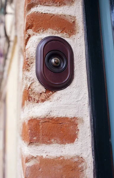 Rustic Style Doorbell Button Made Wood Brass Selective Focus — Foto de Stock