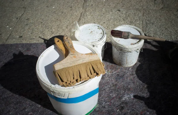 Painter Brushes Buckets Stone Granite Floor Protected Blanket — Stock Photo, Image